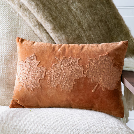 Burnt Orange Velvet Leaf Lumbar Pillow