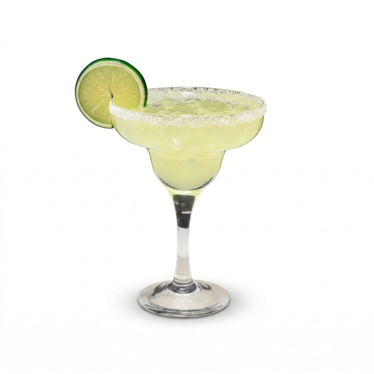 realistic fake margarita with salted rim and lime slice cocktail display