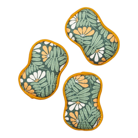 vergreen Meadow reusable kitchen sponge set with green and gold botanical pattern