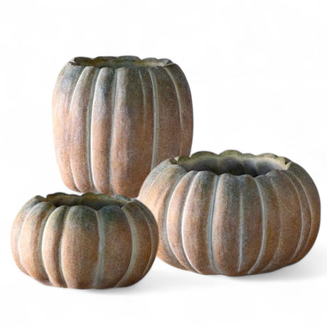 Three cement pumpkin planters in ombre earthy tones, available in three sizes