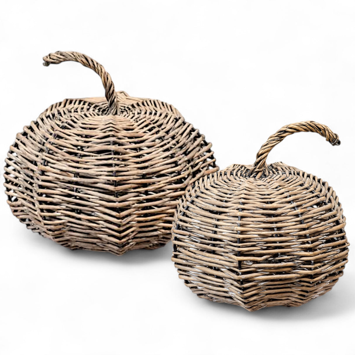Two sizes of woven willow pumpkins with metal frame and twisted stem