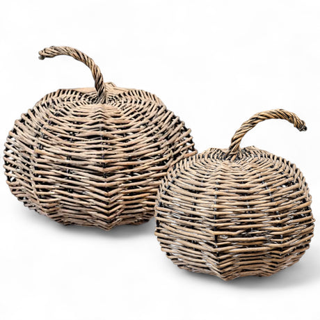 Two sizes of woven willow pumpkins with metal frame and twisted stem