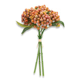 Faux berry bundle with frosted orange and red berries, tied with raffia, 11.5 inches tall.