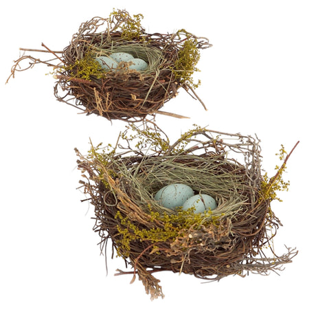 Two decorative robin's nests made of twigs with blue speckled eggs, available in 5-inch and 7-inch sizes.