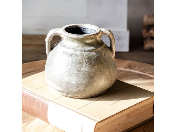 Antiqued Distressed Small Olive Cement Vase with Handles