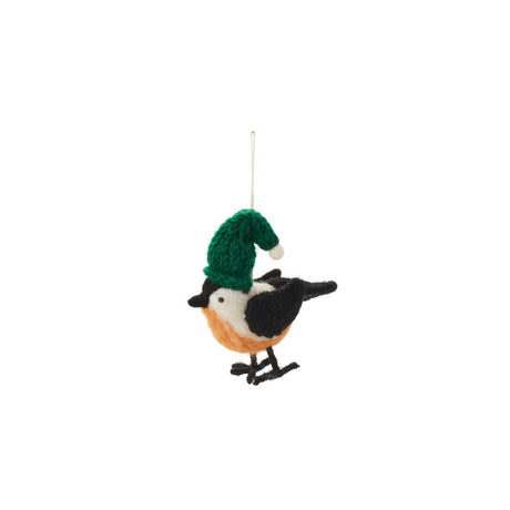 Felt bird ornament with green knit hat