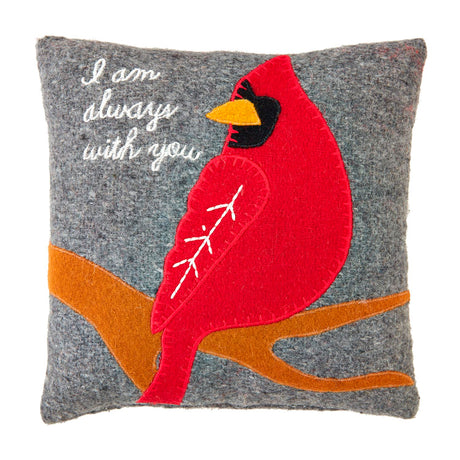 grey square pillow with red cardinal on branch