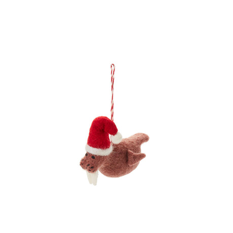 Felt Walrus Ornament wearing Red Santa Hat
