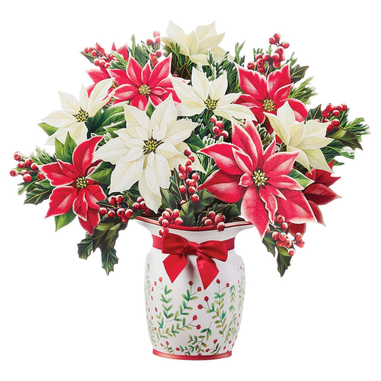 Festive poinsettia pop-up paper bouquet with red and white poinsettias, holly leaves, berries, and decorative Christmas vase