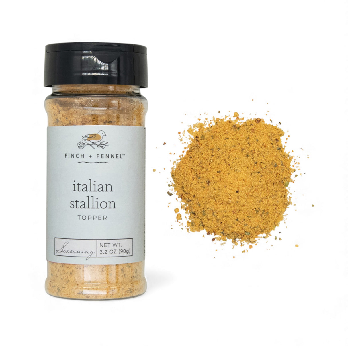 Finch + Fennel Italian Stallion Topper Seasoning jar beside seasoning blend and fries on paper