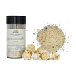 Finch + Fennel Parmesan Truffle Popcorn Seasoning in a clear jar with a black lid beside a sprinkle of seasoning