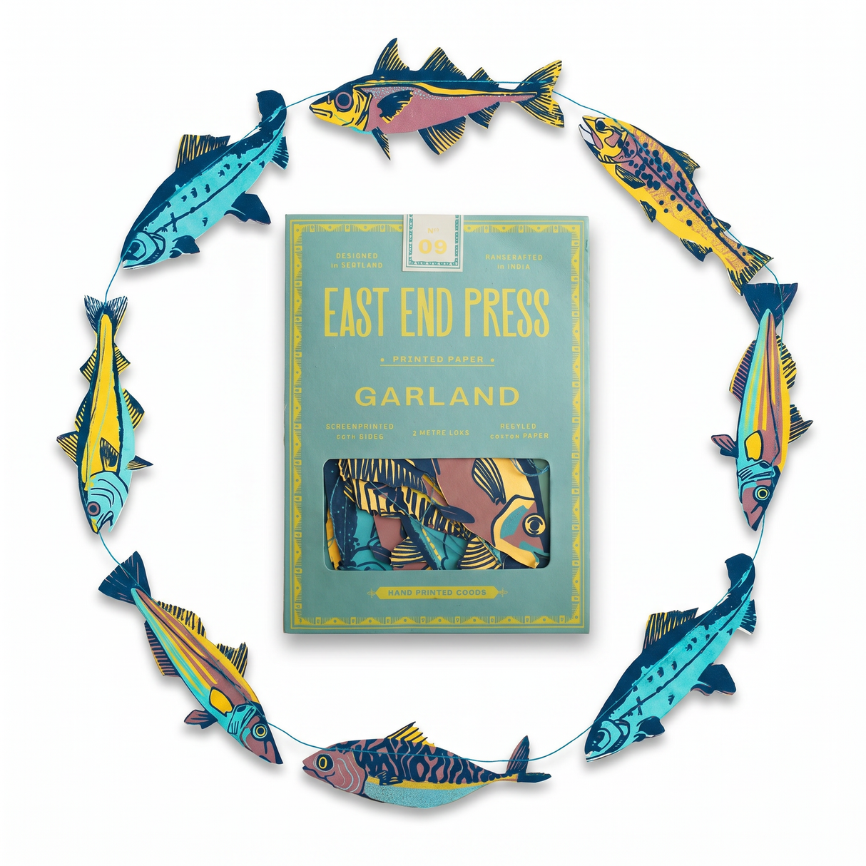 printed fish paper garland colorful recycled paper by East End Press
