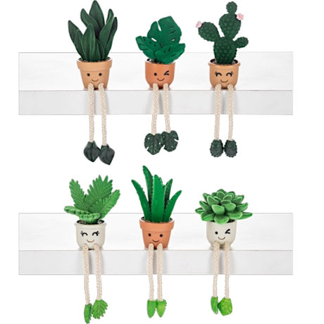 Resin plant shelf sitters with smiling pots, rope legs, and flocked greenery