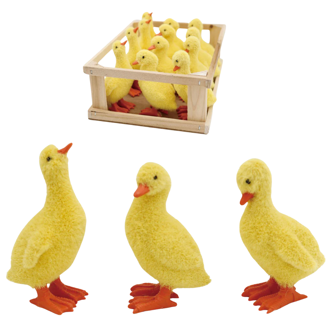 Flocked mini resin ducks in three unique poses with soft yellow texture