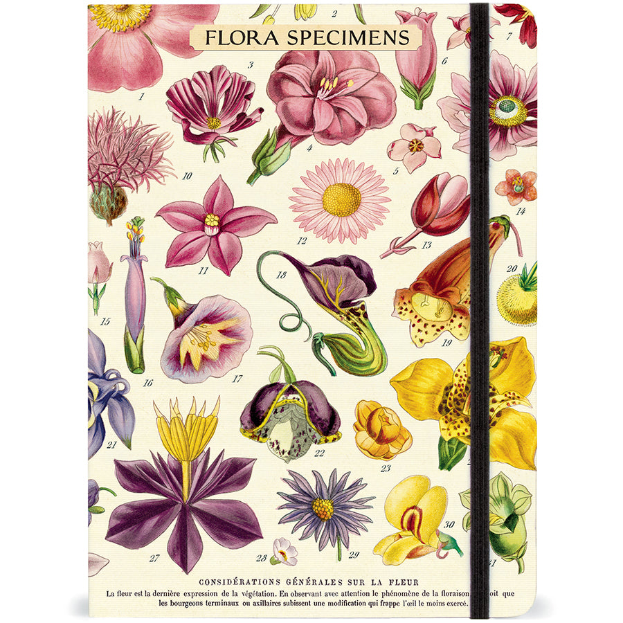 Vintage botanical notebook featuring colorful flora specimen illustrations, elastic closure, and lined pages for journaling or note-taking.