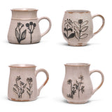 ceramic mug with black floral design and reactive glaze for coffee, tea, and everyday kitchen use