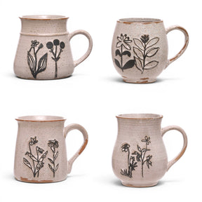 ceramic mug with black floral design and reactive glaze for coffee, tea, and everyday kitchen use