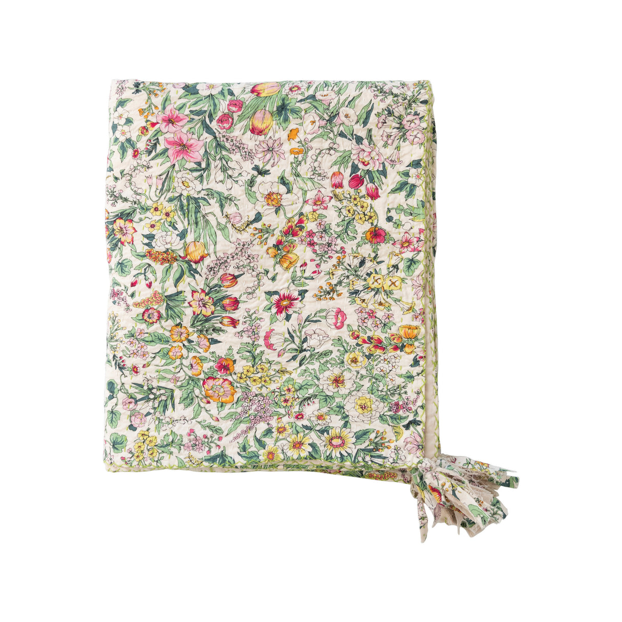 floral pattern quilted throw blanket with tassles by Creative Co-Op