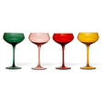 Fluted stemmed 8 oz. coupe glasses in green, blush pink, red, and amber, each with a rounded bowl and slender stem.