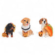 Three resin dog figurines in hotdog, sushi, and taco costumes, each with a jack-o'-lantern.