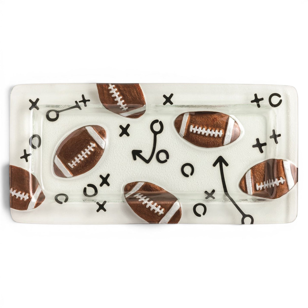 Hand-painted glass football serving tray with embossed footballs and play diagram design