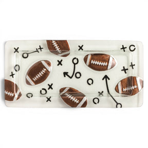 Hand-painted glass football serving tray with embossed footballs and play diagram design