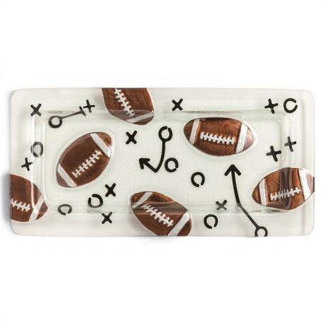 Hand-painted glass football serving tray with embossed footballs and play diagram design