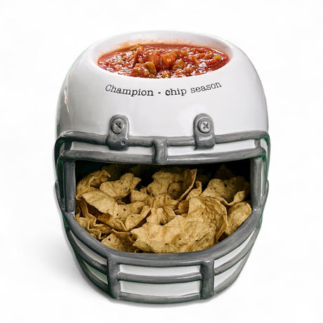 Hand-painted ceramic football helmet chip and dip server with top dip bowl and chip section