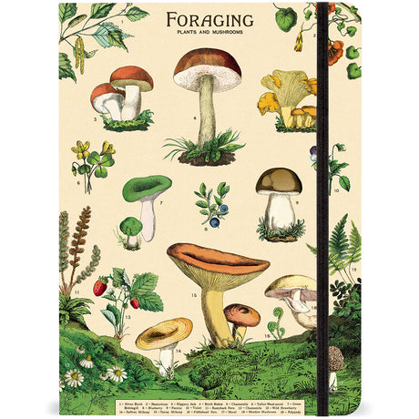 Vintage foraging-themed notebook featuring botanical illustrations of edible mushrooms, wild plants, and berries, with cream lined pages and an elastic closure.