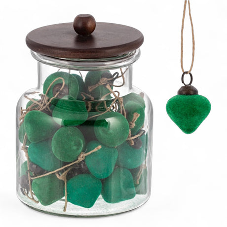Forest green flocked heart ornament with twine hanger