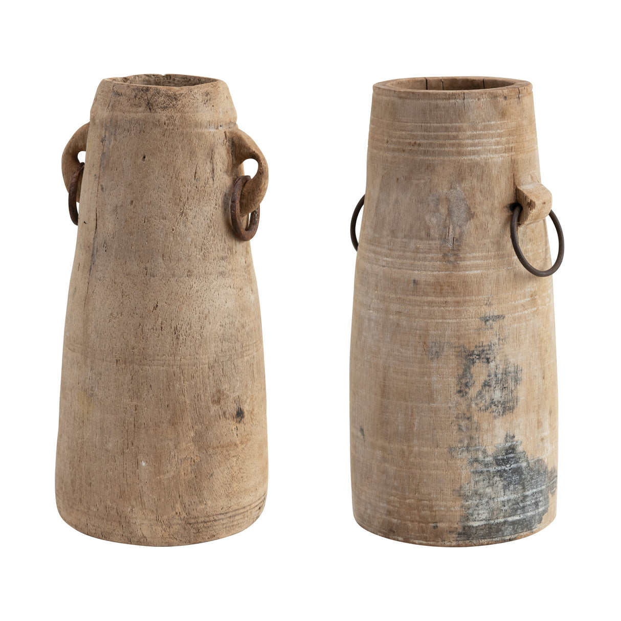 Rustic found wood milk jug with metal ring accents, approximately 10 inches tall.