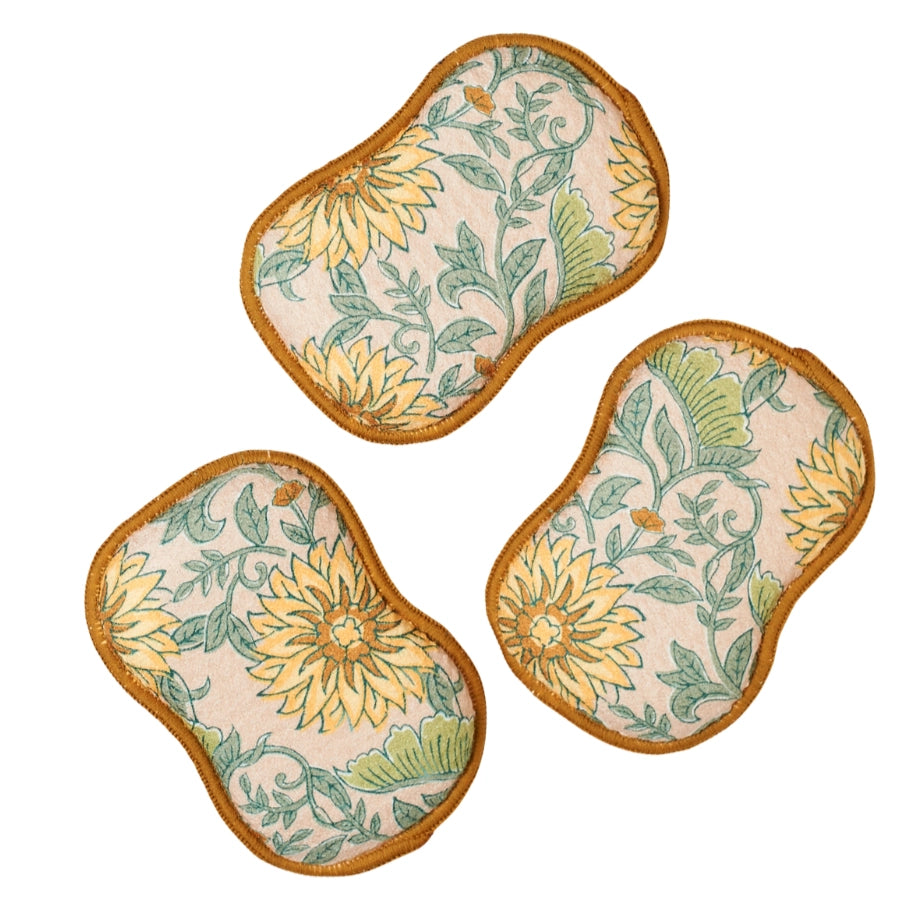 French Harvest reusable kitchen sponge set with gold floral pattern by Once Again Home Co