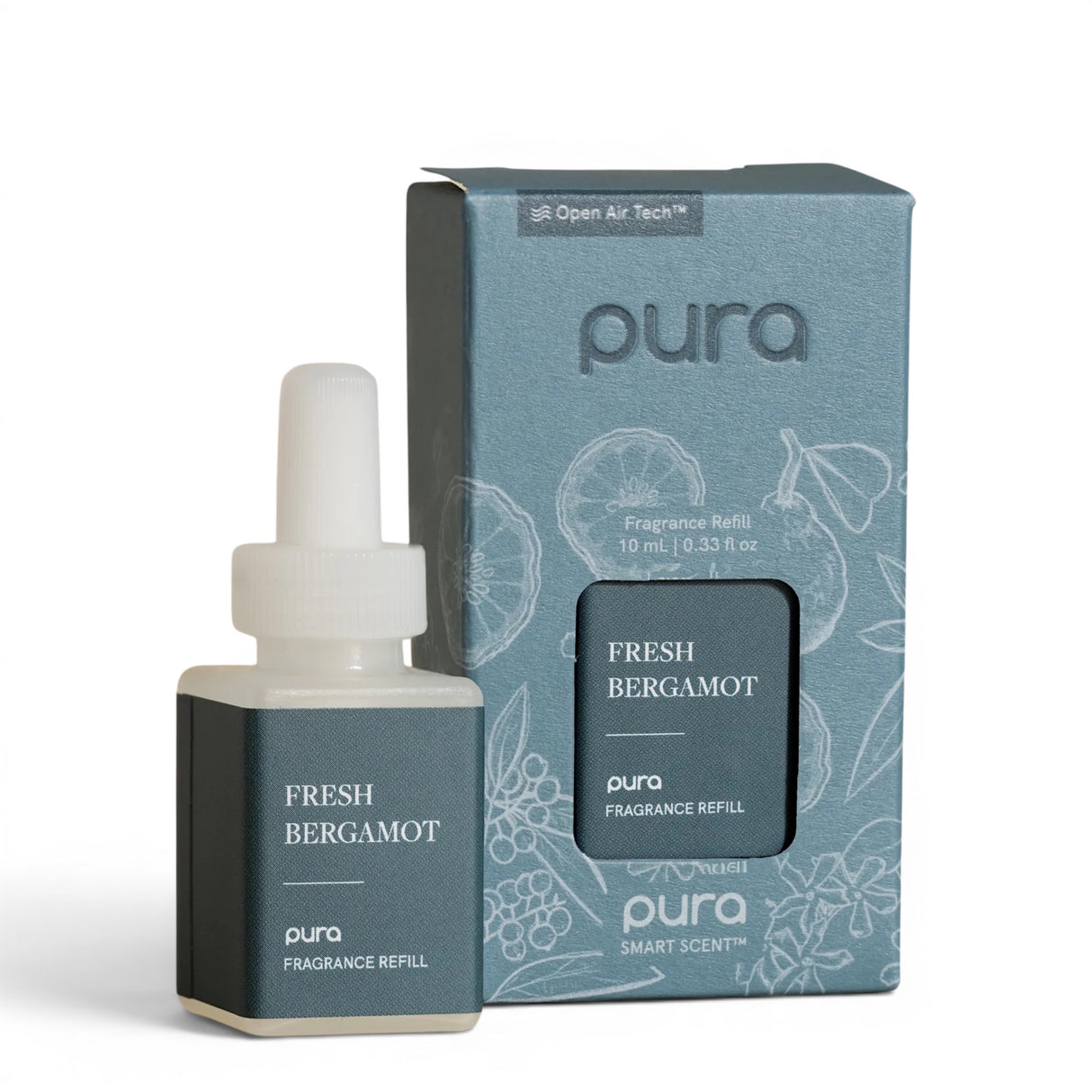 Fresh Bergamot Pura fragrance refill with odor-reducing technology featuring bergamot citrus, florals, and amberwood