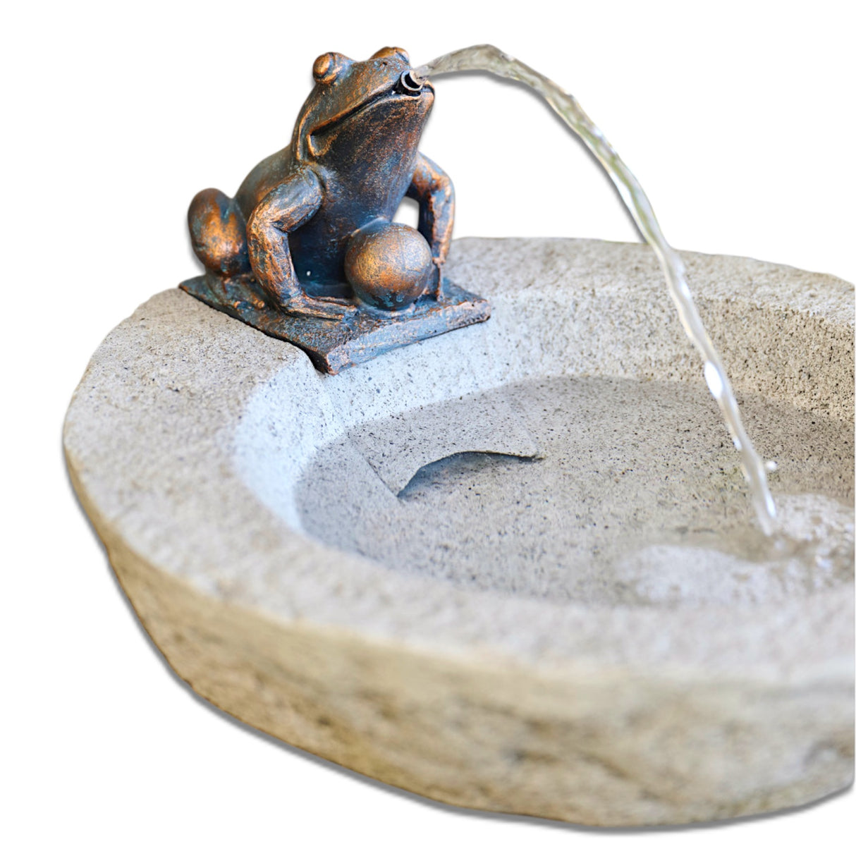 frog tabletop fountain with concrete look basin and bronze finish garden decor