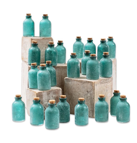 Frosted green mini glass bottle with cork for notes, favors, and decor