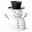 Metal tin snowman 14.5 inches tall with black hat, twig arms, and white painted finish