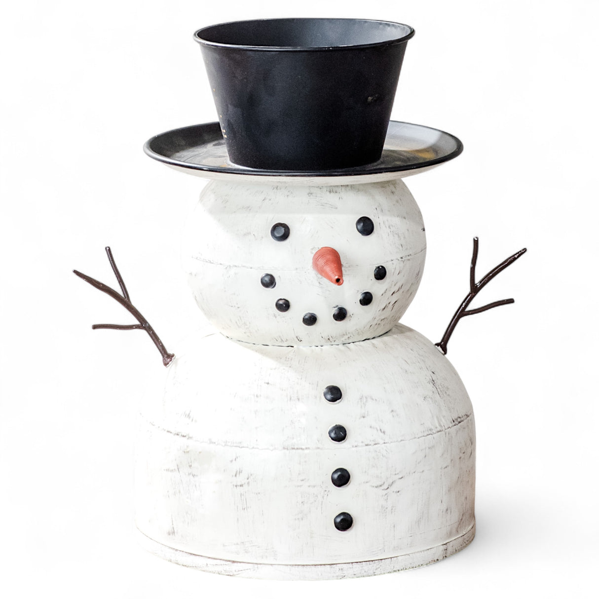 Metal tin snowman 14.5 inches tall with black hat, twig arms, and white painted finish
