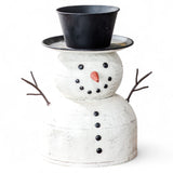 Metal tin snowman 14.5 inches tall with black hat, twig arms, and white painted finish