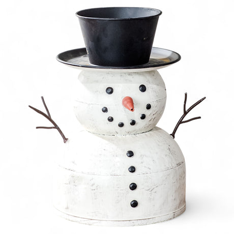 Metal tin snowman 14.5 inches tall with black hat, twig arms, and white painted finish