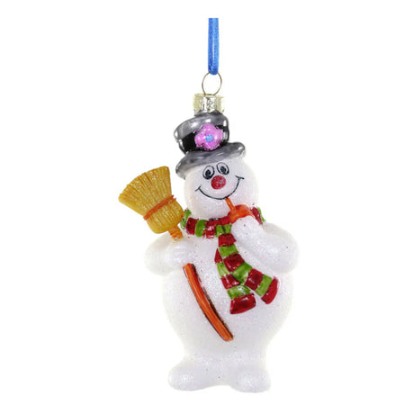 Frosty the Snowman glass ornament with broom and striped scarf, 5 inches tall