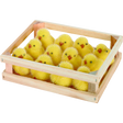 Fuzzy yellow resin Easter chicks in a wooden crate, part of the Easter Parade collection.