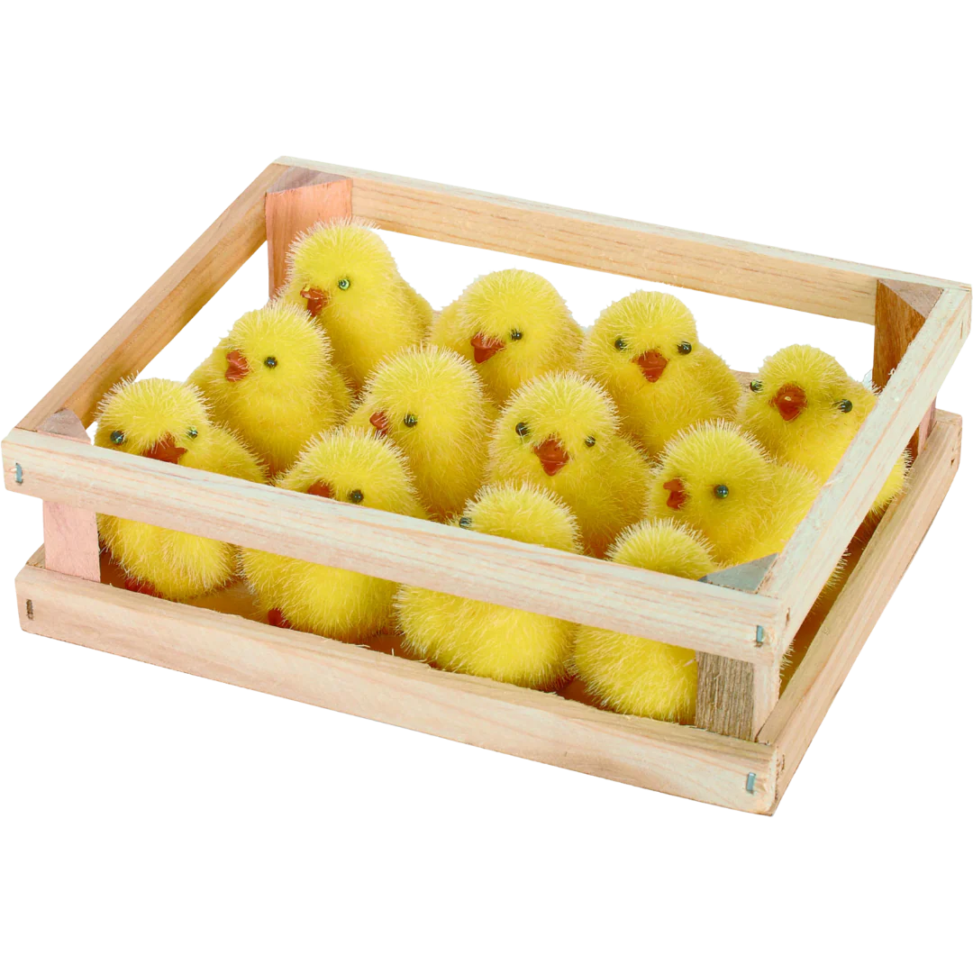 Fuzzy yellow resin Easter chicks in a wooden crate, part of the Easter Parade collection.