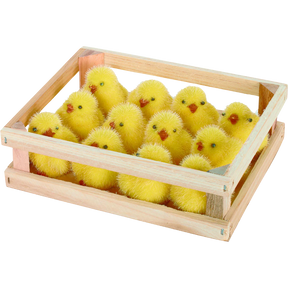 Fuzzy yellow resin Easter chicks in a wooden crate, part of the Easter Parade collection.