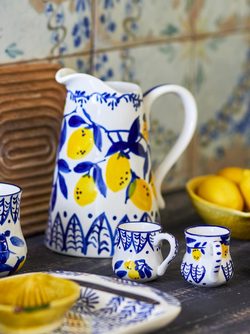 Hand-Painted Stoneware Blue & Yellow Lemon Pitcher