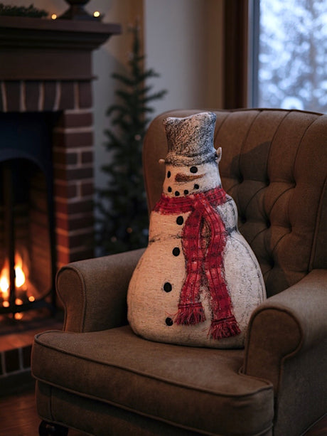 Snowman Shaped Pillow with Red Scarf and Embroidery