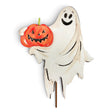 White ghost holding orange jack-o-lantern metal Halloween decoration by The Round Top Collection with stake or hanging display