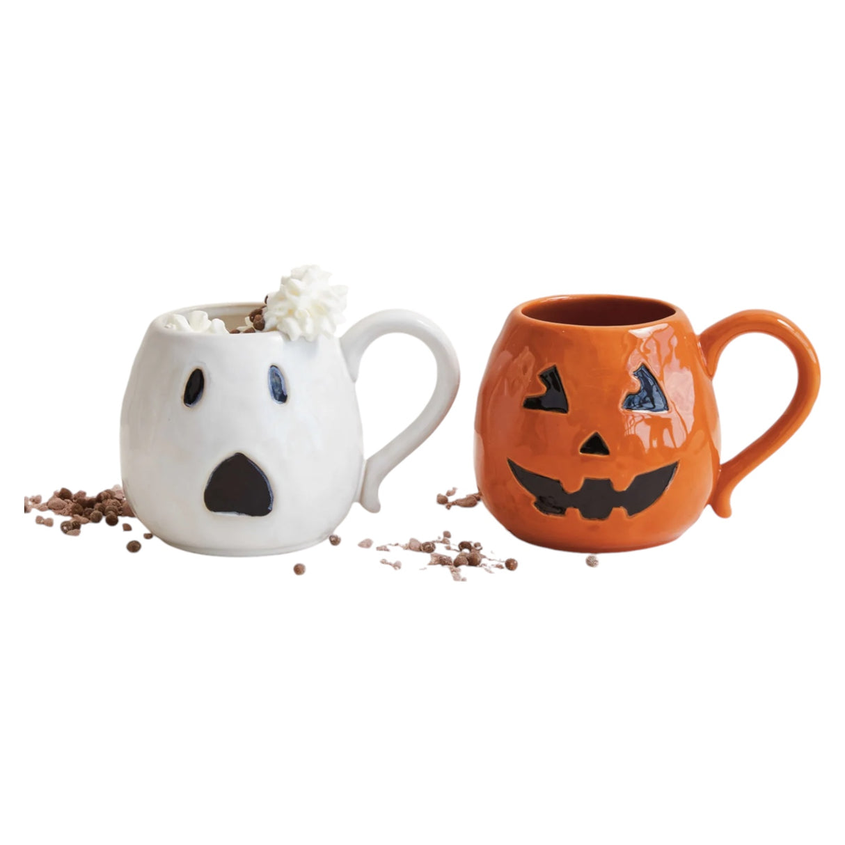 Debossed Stoneware Ghost & Jack-O-Lantern Coffee Mugs