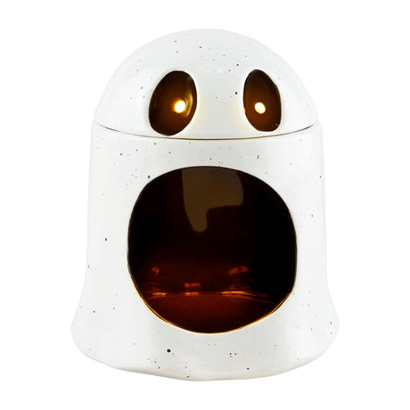 Hand-painted ceramic ghost candy container with LED lights and motion-activated sounds