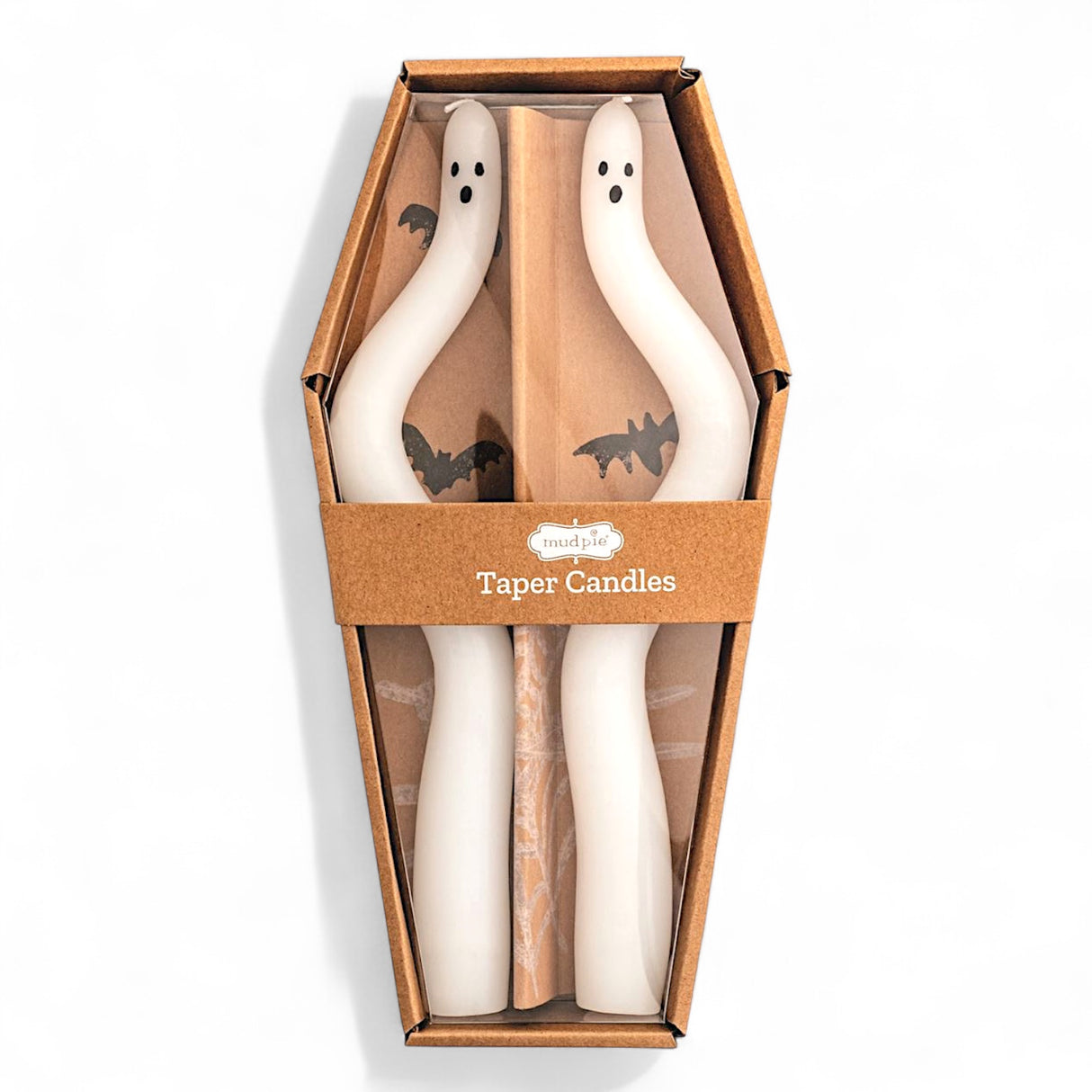 Set of two 9-inch hand-painted ghost taper candles in coffin-shaped packaging