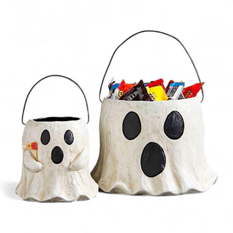 Two hand-painted papier-mâché ghost treat buckets with wire handles, small and large sizes